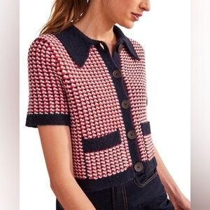 Boden Navy and Red Knit Cropped Geo Cardigan